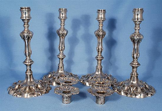 A set of four early Victorian silver candlesticks, by T.J. & N. Creswick, Height 277mm.